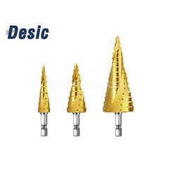 DESIC STEP DRILL SET 3 PIECES SPIRAL FLUTE TIN COATED HEX SHANK 4-32MM