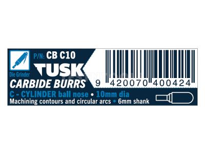 Tusk Carbide Burr 10mm x 6mm Cylinder Ball Nose CBC10