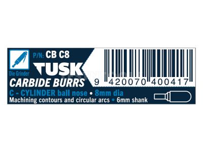 Tusk Carbide Burr 8mm x 6mm Cylinder Ball Nose CBC8