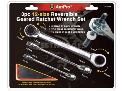 AmPro Double Geared Wrench Set 9mm - 19mm 3 Piece WREG-T42516
