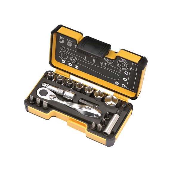 FELO MINI SOCKET AND BIT SET 5-13MM 6.4MM DR 18 PACK SCR-RGOXS