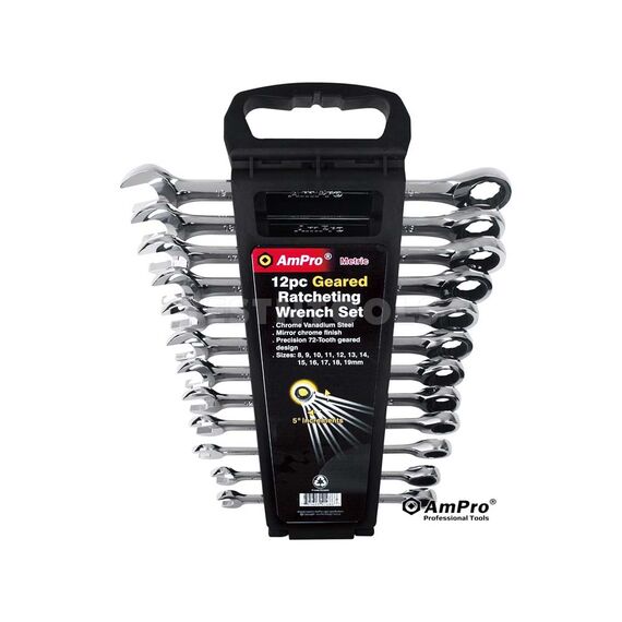 AMPRO GEARED WRENCH SET 8MM - 19MM 72 TOOTH 12 PIECE WREG-T41487
