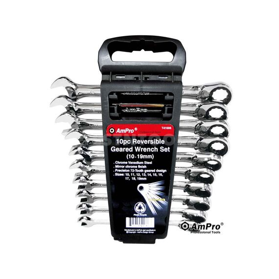 AMPRO REVERSIBLE GEARED WRENCH SET 10MM - 19MM 72 TOOTH 10 PIECE WREG-T41686