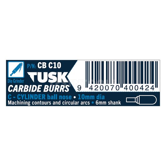 TUSK CARBIDE BURR 10MM X 6MM CYLINDER BALL NOSE CBC10