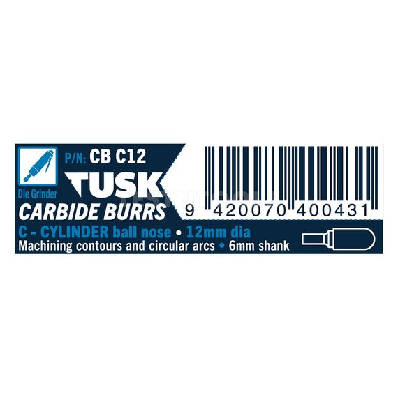 TUSK CARBIDE BURR 12MM X 6MM CYLINDER BALL NOSE CBC12