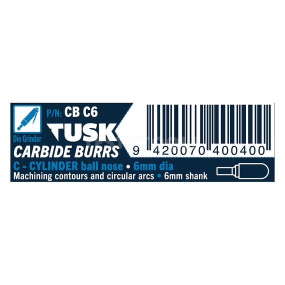 TUSK CARBIDE BURR 6MM X 6MM CYLINDER BALL NOSE CBC6