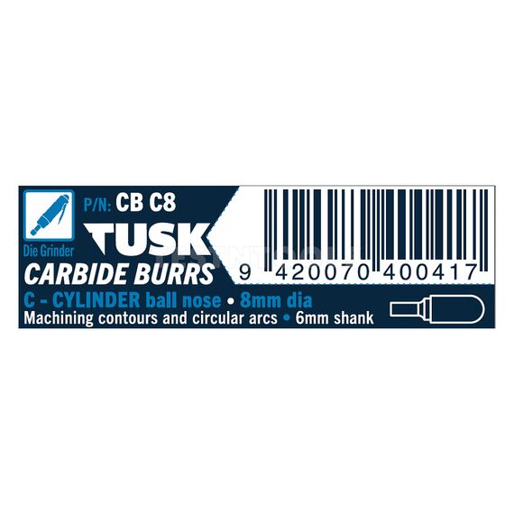 TUSK CARBIDE BURR 8MM X 6MM CYLINDER BALL NOSE CBC8