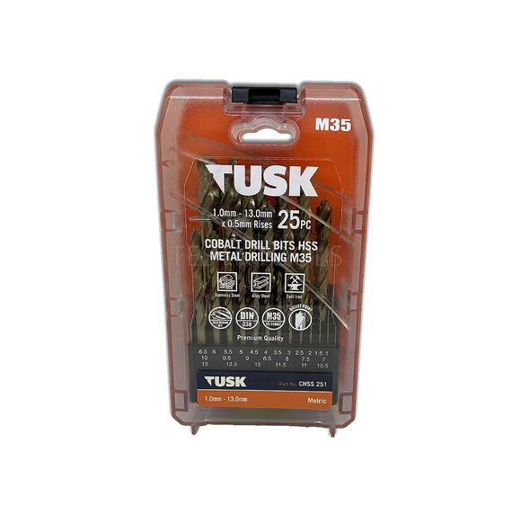TUSK COBALT HSS DRILL BITS SET M35 1MM - 13MM X 0.5MM 25 PIECE CHSS251