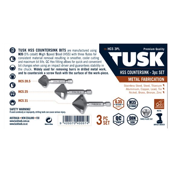 TUSK HSS COUNTERSINK SET 20.5MM - 31MM 3 PIECE HCS3PL