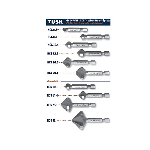 TUSK HSS COUNTERSINK SET 6.3MM - 20.5MM 6 PIECE HCS6PS