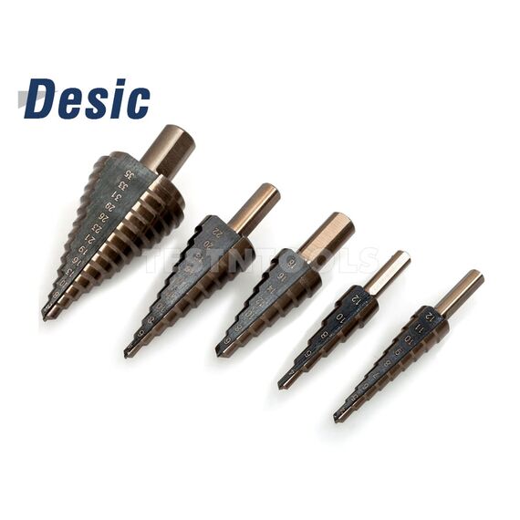 DESIC STEP DRILL SET 5 PIECES STRAIGHT FLUTE COBALT WITH ALUMINIUM CASE 4-35MM, 4 DESIC STEP DRILL SET 5 PIECES STRAIGHT FLUTE COBALT WITH ALUMINIUM CASE 4-35MM