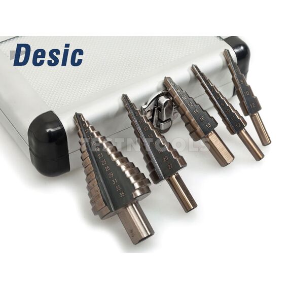 DESIC STEP DRILL SET 5 PIECES STRAIGHT FLUTE COBALT WITH ALUMINIUM CASE 4-35MM, 3 DESIC STEP DRILL SET 5 PIECES STRAIGHT FLUTE COBALT WITH ALUMINIUM CASE 4-35MM
