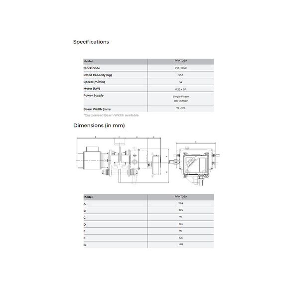 PACIFIC PORTA HOIST MOTORISED TROLLEY 500KG PPHT050