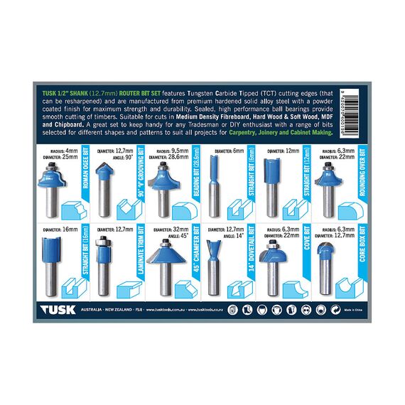 TUSK TCT ROUTER BITS SET 1/2" 12 PIECE RBT121
