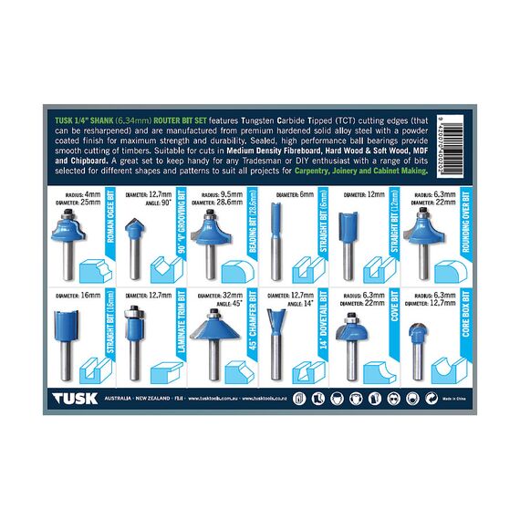 TUSK TCT ROUTER BITS SET 1/4" 12 PIECE RBT122