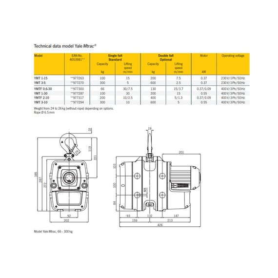 YALE MTRAC ENDLESS WINCH 300KG 1 PHASE BI-DIRECTIONAL YEW305