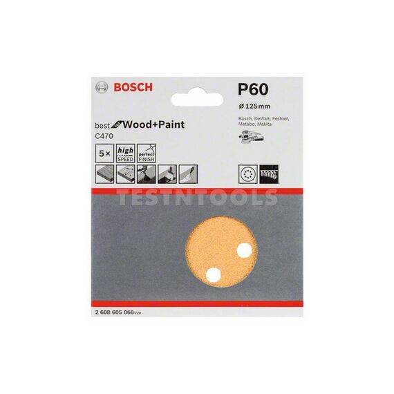 BOSCH SANDING DISCS C470 FOR WOOD AND PAINT 5PC 125MM 60 GRIT