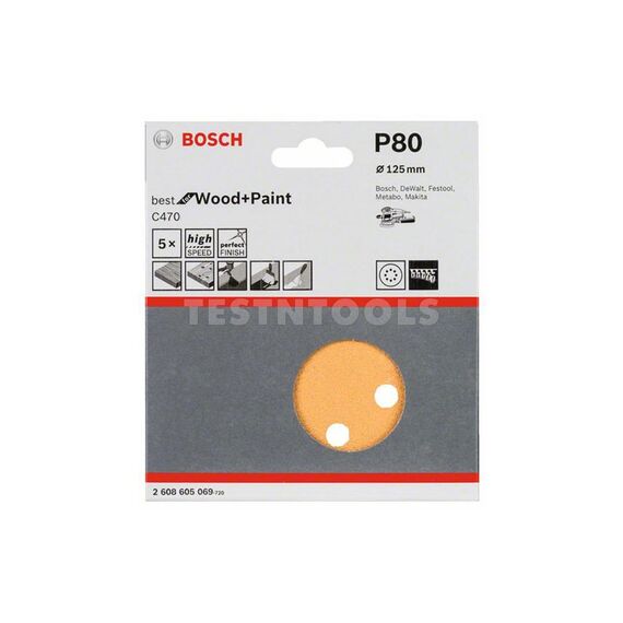 BOSCH SANDING DISCS C470 FOR WOOD AND PAINT 5PC 125MM 80 GRIT